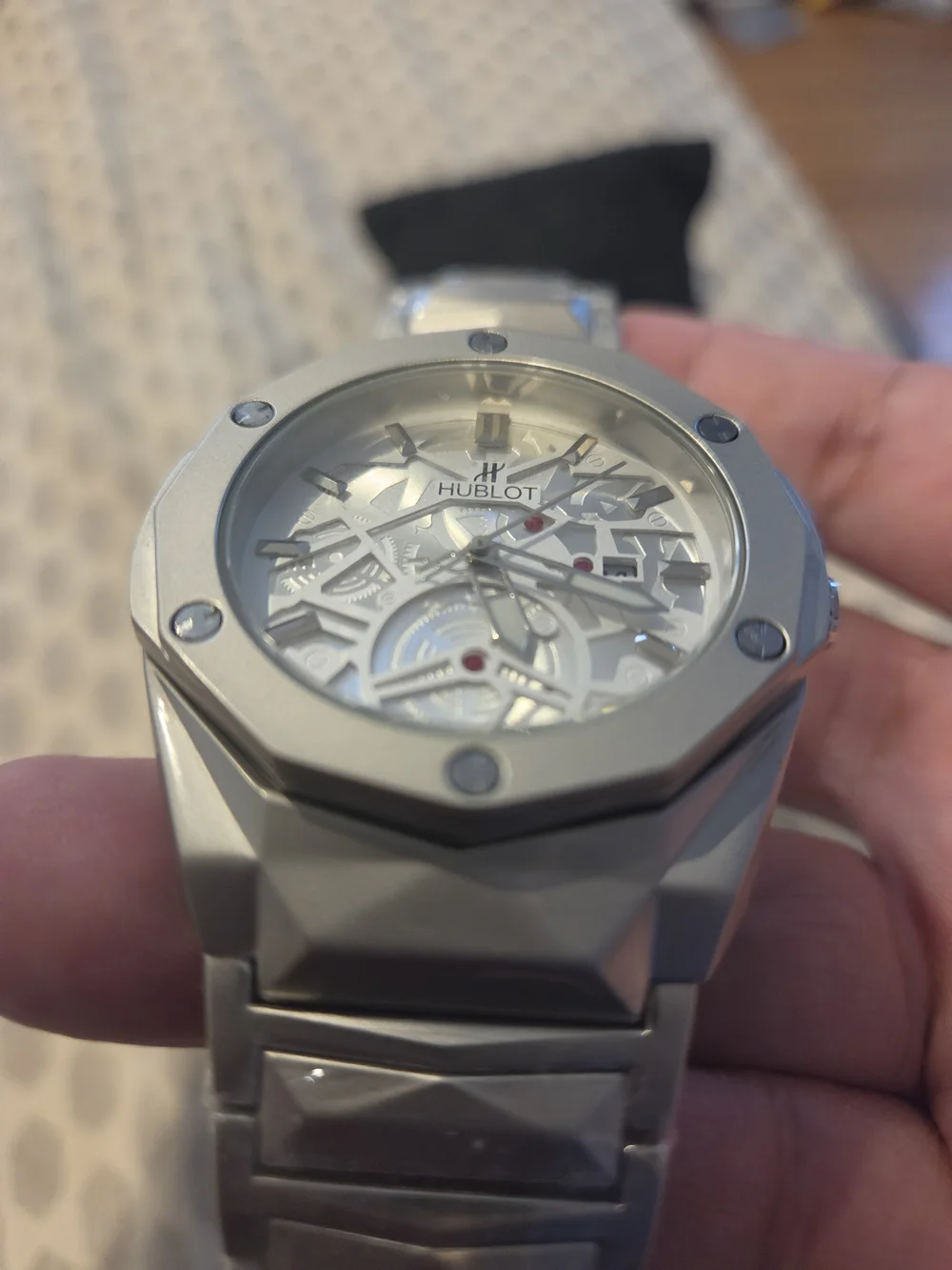 Hubl0t Men's White/Silver Skeleton Dial Bracelet Watch Automatic Heavy Fits Sz 8